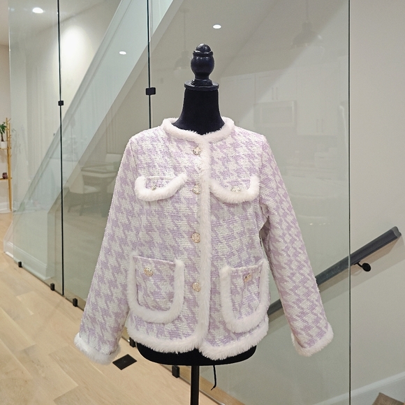 Tweed Blazer White Lilac Faux-Fur Trim Jacket - Picture 3 of 9